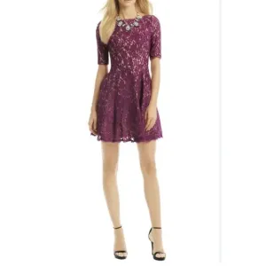 ML Monique Lhuillier Womans Sz 14 Sweet Like Candy Purple Lace Fit &amp; Flare Dress