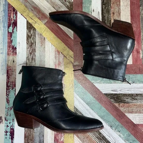 Modern Vice Jasper Buckle Ankle Boots Leather Black Front &amp; Back Zip SZ 8 1/2