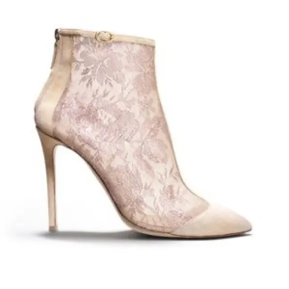 Monique Lhuillier Heels Booties Mesh Lace Blush Pink 39 Ankle Zipper Nicole