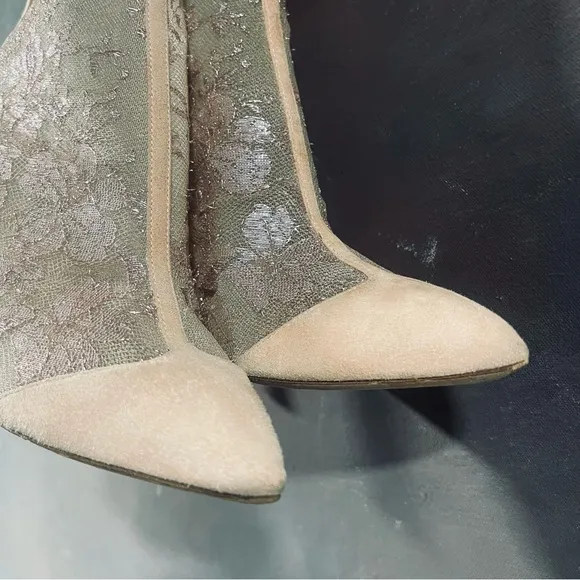 Monique Lhuillier Heels Booties Mesh Lace Blush Pink 39 Ankle Zipper Nicole