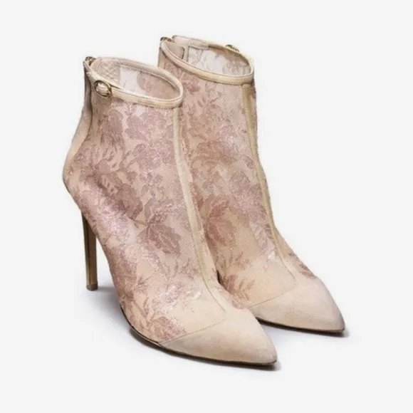 Monique Lhuillier Heels Booties Mesh Lace Blush Pink 39 Ankle Zipper Nicole