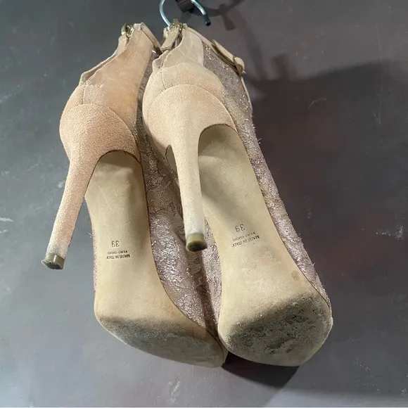 Monique Lhuillier Heels Booties Mesh Lace Blush Pink 39 Ankle Zipper Nicole