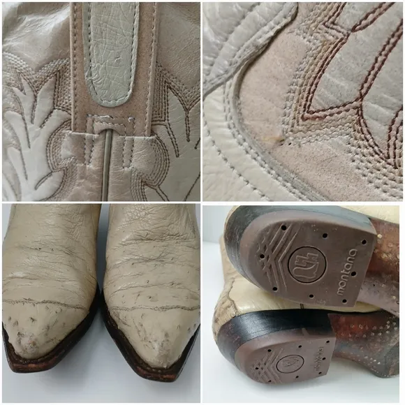 Montana Western Cowboy Boots Ostrich And Leather Beige Snip Toe Mens Size 8B