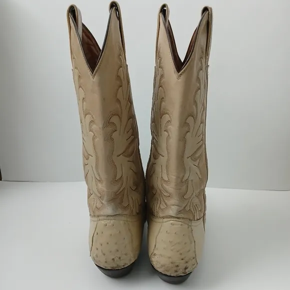 Montana Western Cowboy Boots Ostrich And Leather Beige Snip Toe Mens Size 8B