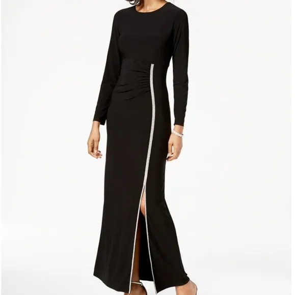 MSK BLACK WITH RHINESTONE SLIT GOWN LONG SLEEVES SIZE 8