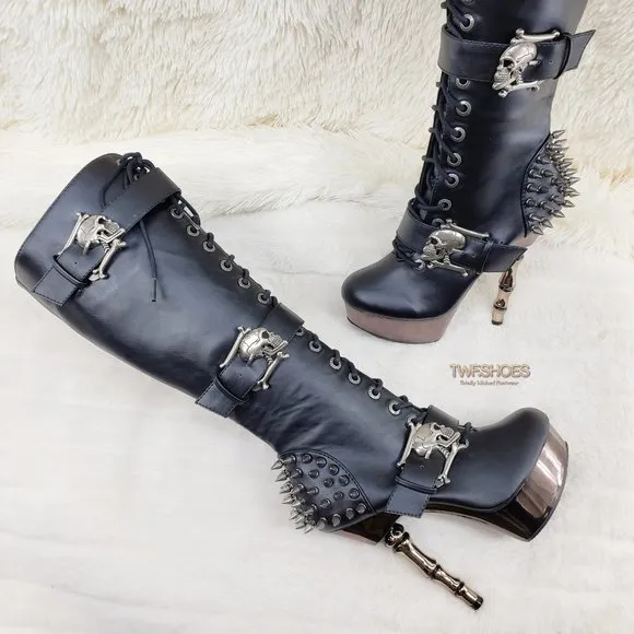 Muerto Goth Punk Bone Heel Spiked Skull Buckle Knee Boots RESTOCKED