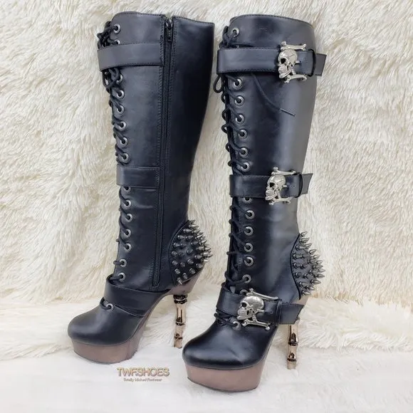 Muerto Goth Punk Bone Heel Spiked Skull Buckle Knee Boots RESTOCKED