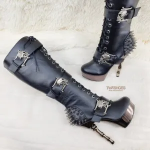 Muerto Goth Punk Bone Heel Spiked Skull Buckle Knee Boots RESTOCKED
