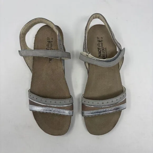 Naot Shoes Womens 37 (US 6) Silver Beverly Leather Hook and Loop Comfort Sandals