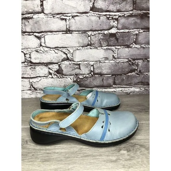Naot Sky Blue Leather Mary Jane Strap Clogs Comfort Shoes Women Sz 38EU/7.5M US