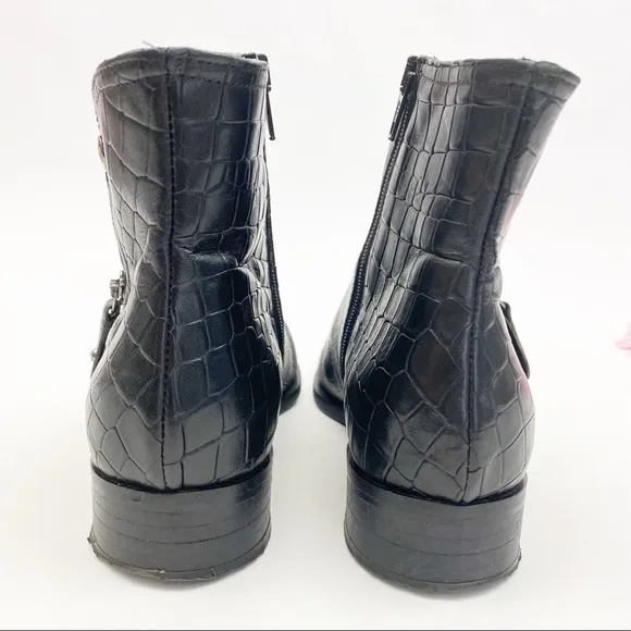 Napoleoni Italy Croc Embossed Leather Moto Zip Ankle Boots: Black