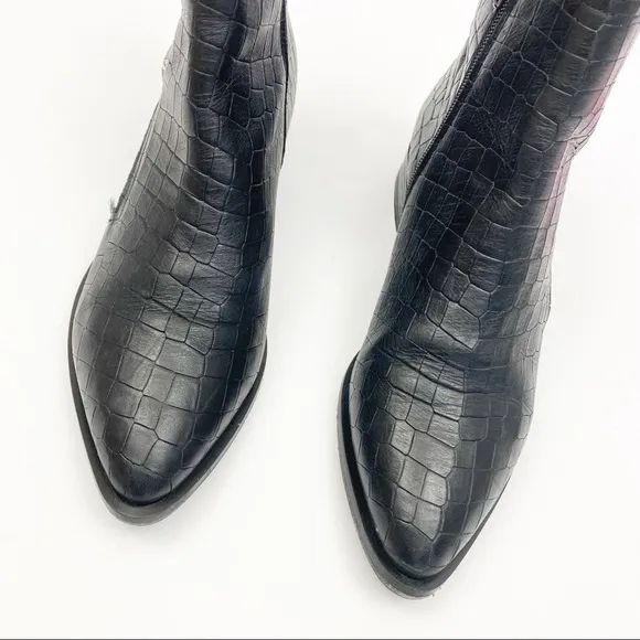 Napoleoni Italy Croc Embossed Leather Moto Zip Ankle Boots: Black