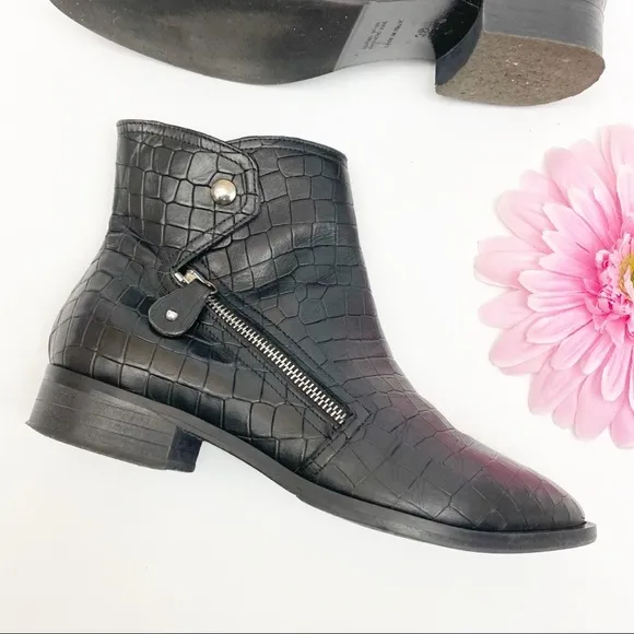 Napoleoni Italy Croc Embossed Leather Moto Zip Ankle Boots: Black