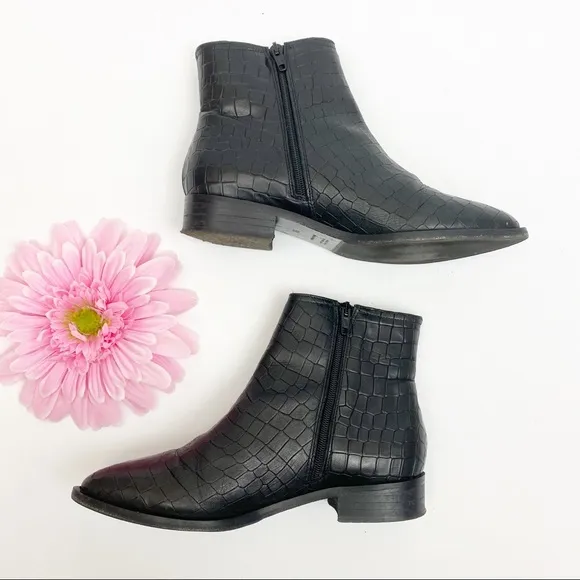 Napoleoni Italy Croc Embossed Leather Moto Zip Ankle Boots: Black