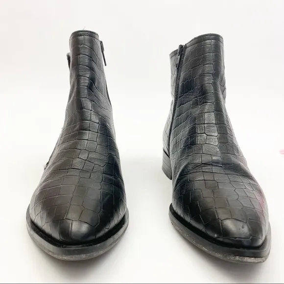 Napoleoni Italy Croc Embossed Leather Moto Zip Ankle Boots: Black
