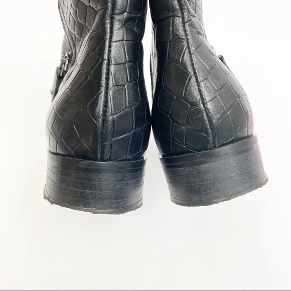 Napoleoni Italy Croc Embossed Leather Moto Zip Ankle Boots: Black