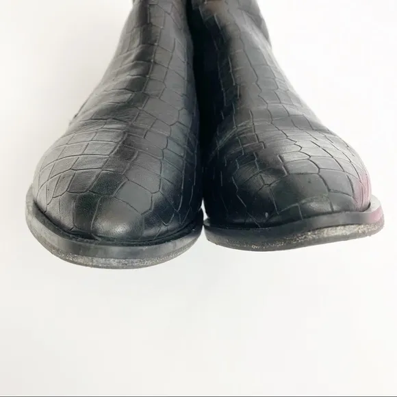 Napoleoni Italy Croc Embossed Leather Moto Zip Ankle Boots: Black