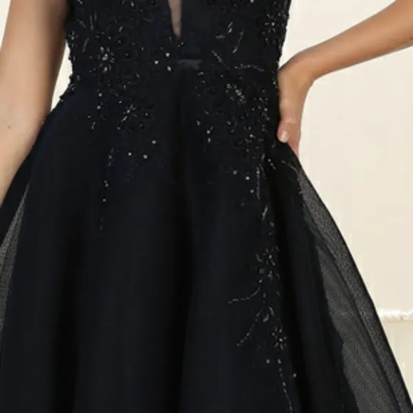 Navy blue beaded semi open back gown
