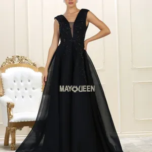 Navy blue beaded semi open back gown