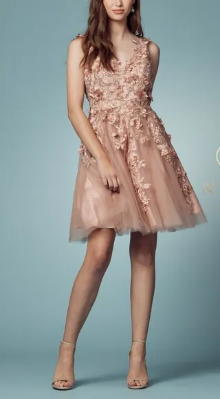 Navy blue , tan, pink, cocktail semi open back flower dress