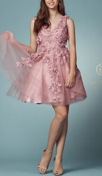 Navy blue , tan, pink, cocktail semi open back flower dress