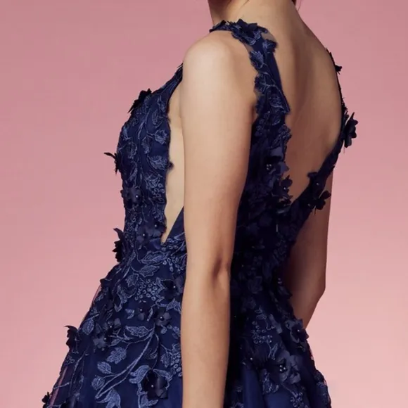 Navy blue , tan, pink, cocktail semi open back flower dress
