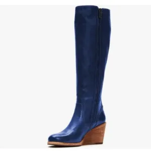 Navy Women Comfortable Side Zipper Wedge High Heel Point Toe Fancy Ladies Boot
