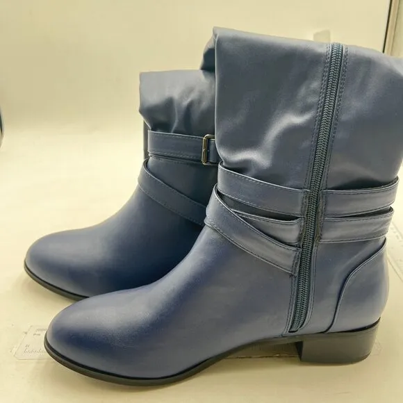 Navy Women Pointed Decorative Buckle Knee High Boots Low Chunky Heel Long Bootie