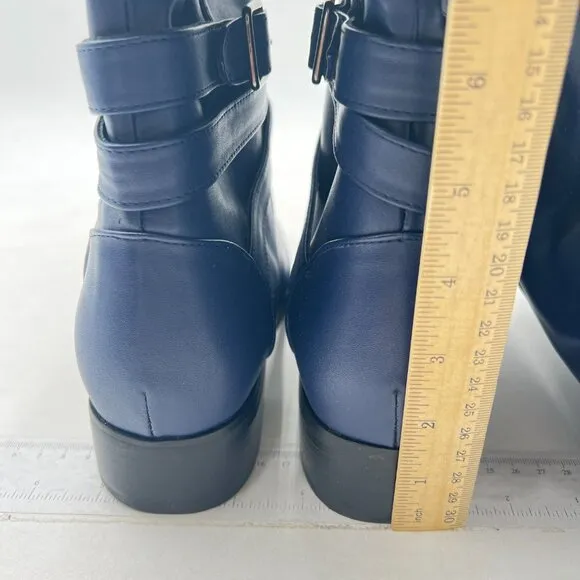 Navy Women Pointed Decorative Buckle Knee High Boots Low Chunky Heel Long Bootie