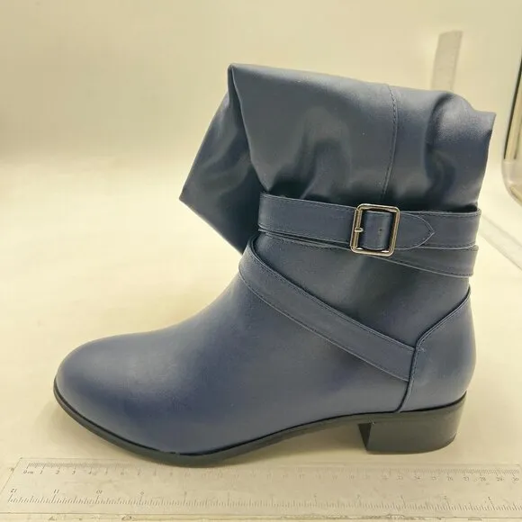 Navy Women Pointed Decorative Buckle Knee High Boots Low Chunky Heel Long Bootie