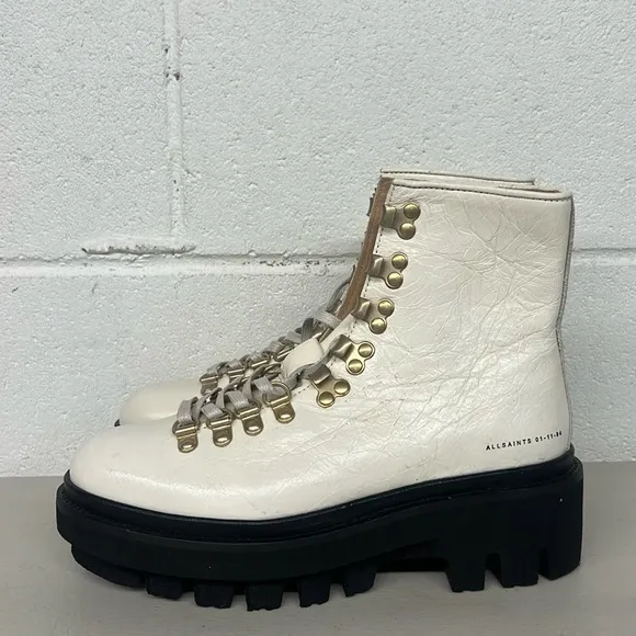 New All saints sz7 white combat boots lace up Wanda white gloss leather lug sole