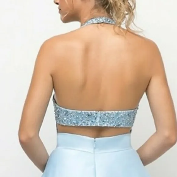 New baby blue beaded halter open back gown with pockets