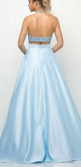 New baby blue beaded halter open back gown with pockets