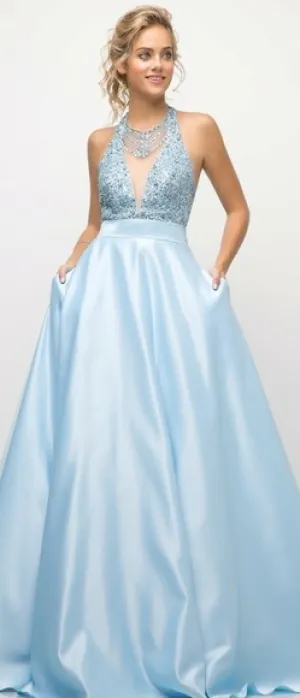 New baby blue beaded halter open back gown with pockets