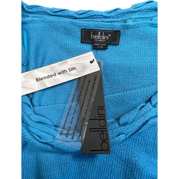 New Belldini Black Label Quarter Sleeve Boat Neck Sweater Silk Blend Teal Blue L