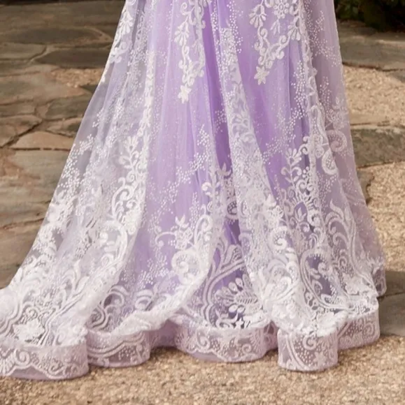 New blush pink strapless optional puff sleeve fitted lace gown