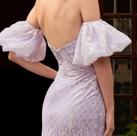 New blush pink strapless optional puff sleeve fitted lace gown