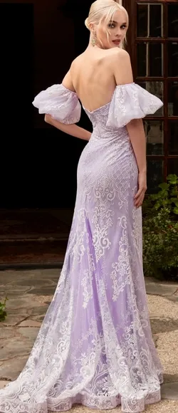 New blush pink strapless optional puff sleeve fitted lace gown