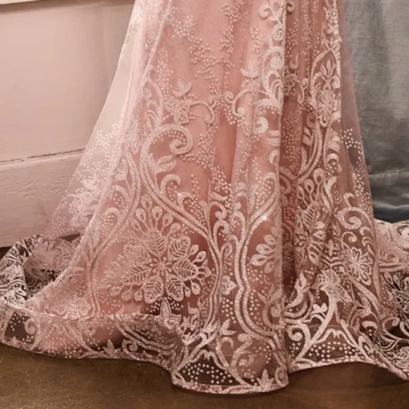 New blush pink strapless optional puff sleeve fitted lace gown