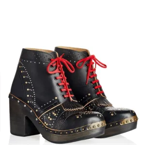 NEW Burberry Studded Ankle Boots Black Leather Riveted Lace Up Clogs Size 40