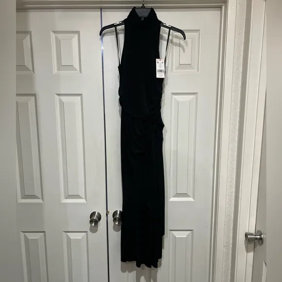 NEW CINQ A SEPT BLACK RORI HALTER FLOUNCE DRESS