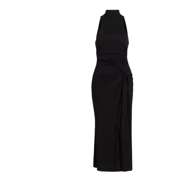 NEW CINQ A SEPT BLACK RORI HALTER FLOUNCE DRESS