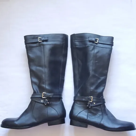 New Comfortview Janis Black Leather Knee-High Boots with Buckle Detail Size 10.5