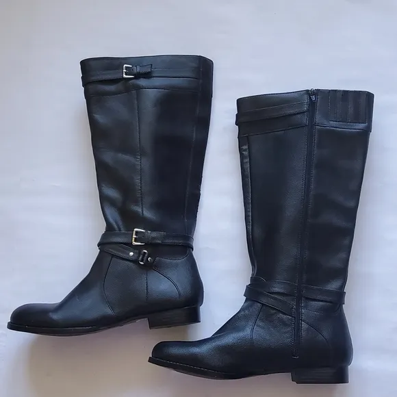 New Comfortview Janis Black Leather Knee-High Boots with Buckle Detail Size 10.5
