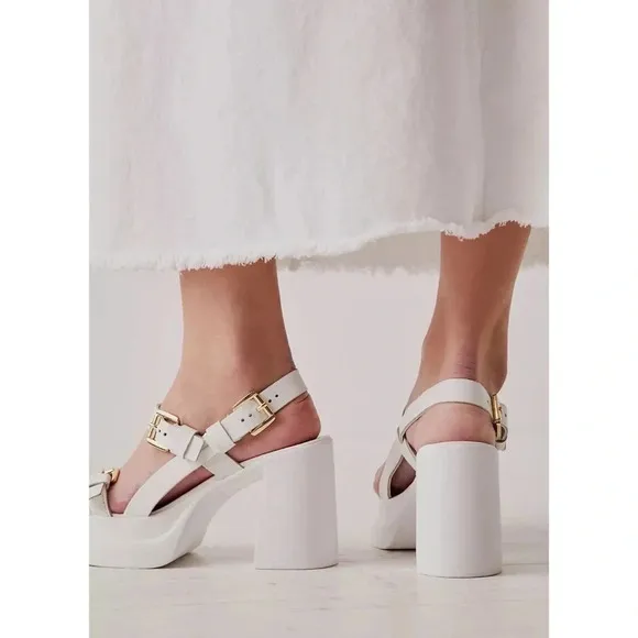 New Free People Pamela Double Stack Platform Heel Sandal Buckle White Gold