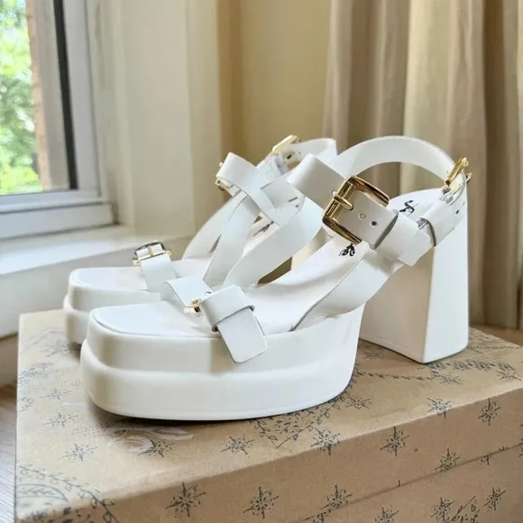 New Free People Pamela Double Stack Platform Heel Sandal Buckle White Gold