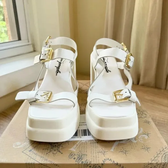 New Free People Pamela Double Stack Platform Heel Sandal Buckle White Gold