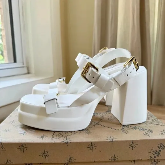 New Free People Pamela Double Stack Platform Heel Sandal Buckle White Gold