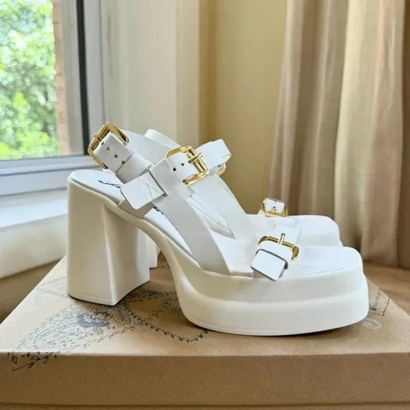 New Free People Pamela Double Stack Platform Heel Sandal Buckle White Gold