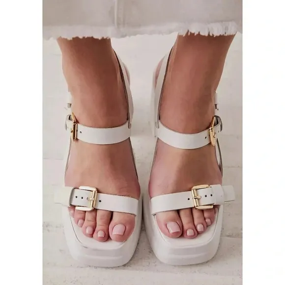 New Free People Pamela Double Stack Platform Heel Sandal Buckle White Gold